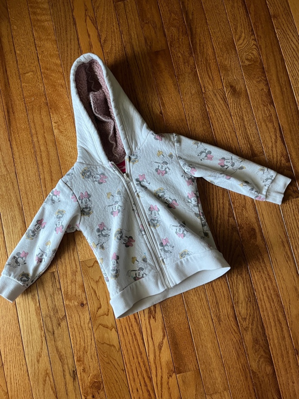 Disney White Minnie Mouse Hooded Zip-Up Sweatshirt with Pink Lining